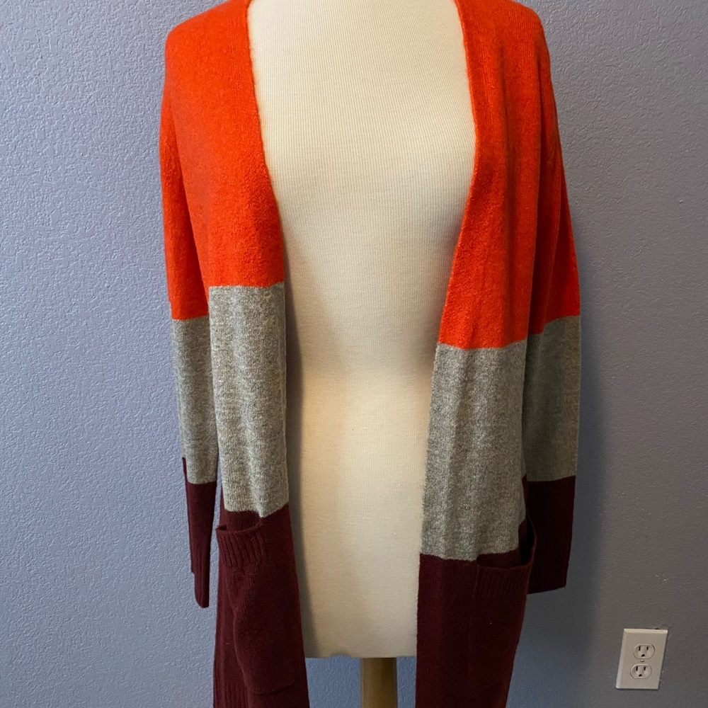 A New Day NWT long open cardigan (Orange, maroon, grey/tan): Size XS
